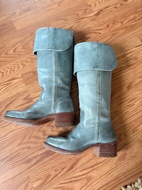 Frye Fold-Over Mid-Calf Leather Boots in Sage Green